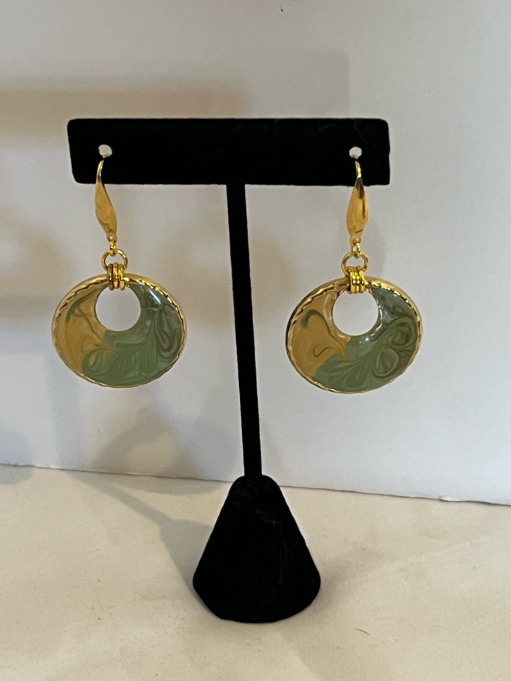 Gold-Tone Drop Earrings with Olive Green Enamel Swirl